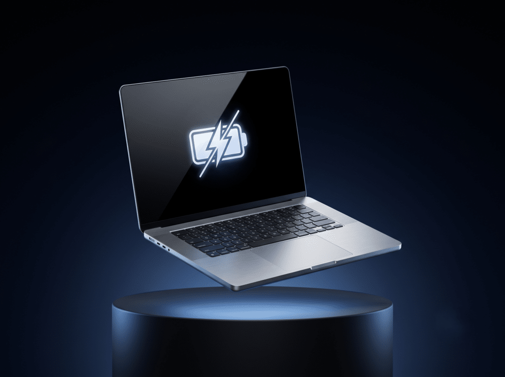 Laptop con ícono de batería sin carga, reparación de batería en Huamachuco