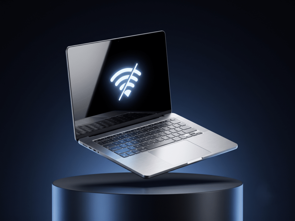 Laptop con ícono de wifi tachado, reparación de conexión wifi en Huamachuco
