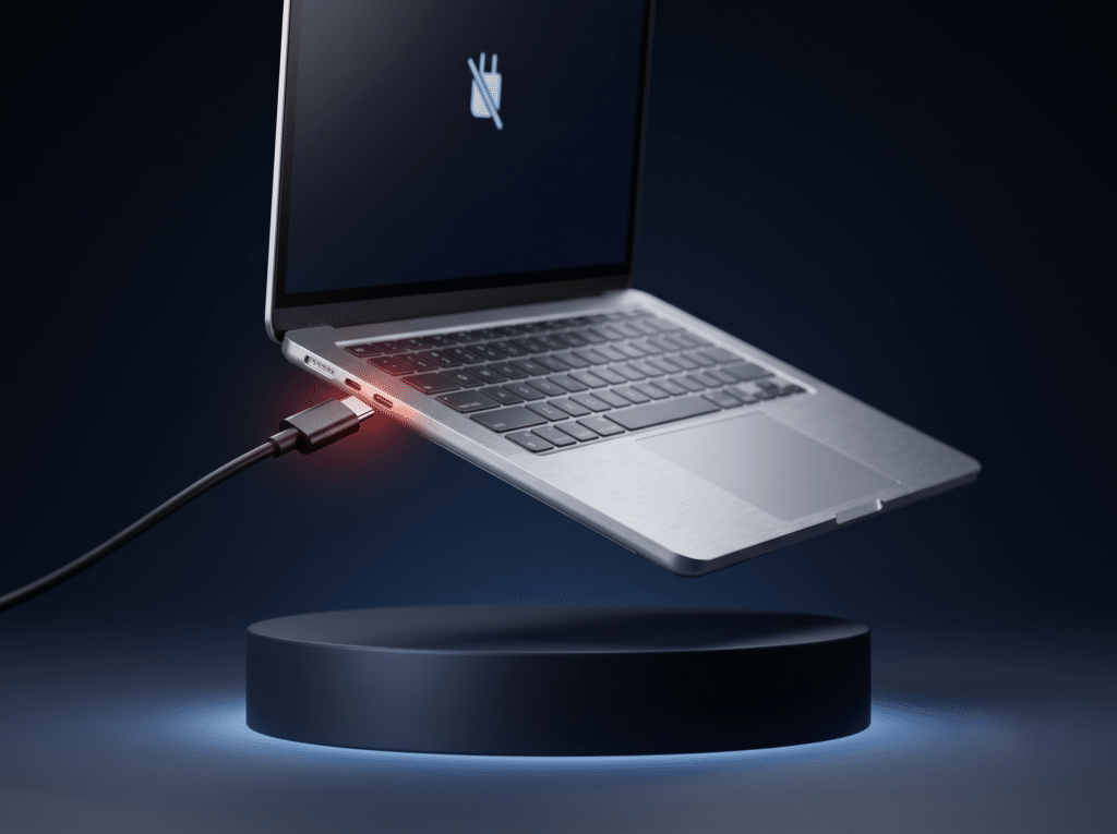 Puerto de carga de laptop dañado con conector desalineado, reparación en Huamachuco